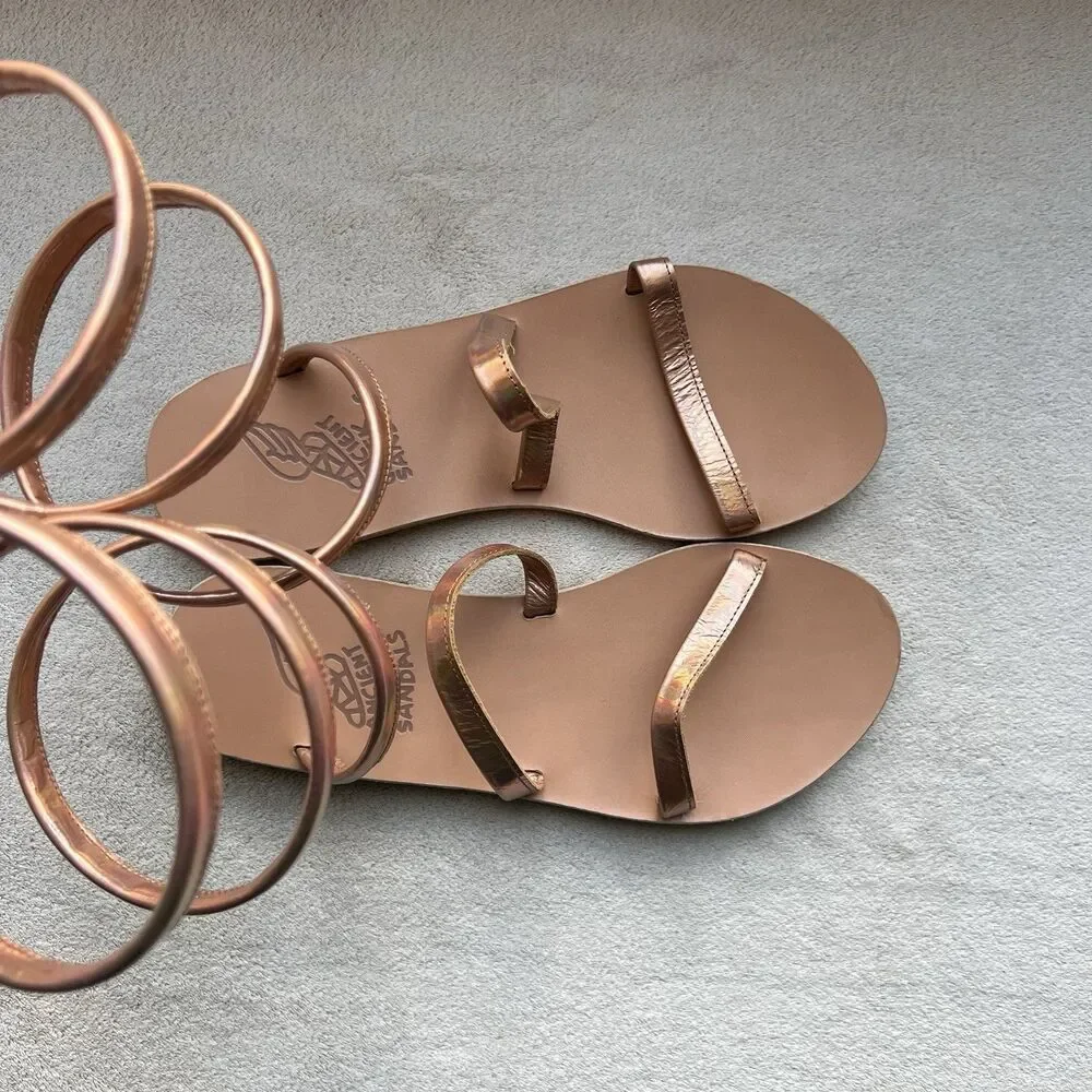 Ancient Greek Sandals Ofis Iridescent Copper Flat Sandal‎ EU 37 US 7 Ankle-Wrap